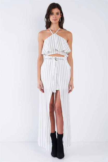 White & Grey Stripe Halter Crop Top and High Waist Frill Mock Maxi Skirt Skort Set  /2-2-2