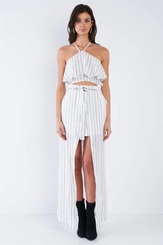 White & Grey Stripe Halter Crop Top and High Waist Frill Mock Maxi Skirt Skort Set  /2-2-2