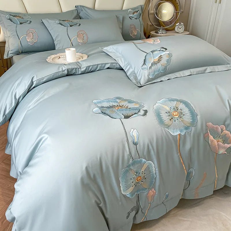 Egyptian Cotton Bedding Set Luxury Embroidery Double Duvet Cover Pure Cotton Flat or Fitted Bed Sheets and Pillowcases Bed Set - Jaazi Intl