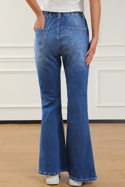 Elastic Waist Bootcut Jeans with Pockets - Jaazi International