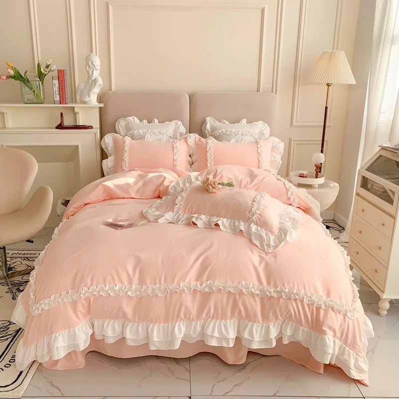 Elegant Lace Bedding Sets Luxury Bed Linen Princess Washed Cotton Ruffle Duvet Cover Bed Sheet and Pillowcases for Girl Luxury - Jaazi International