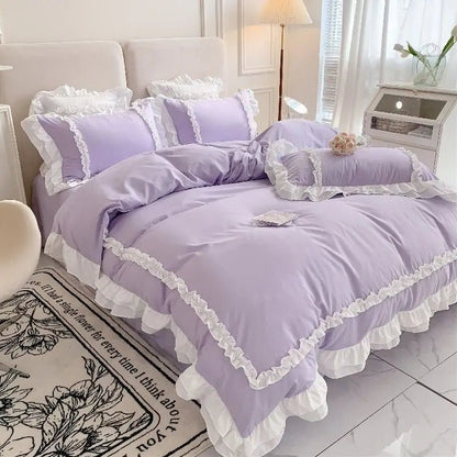 Elegant Lace Bedding Sets Luxury Bed Linen Princess Washed Cotton Ruffle Duvet Cover Bed Sheet and Pillowcases for Girl Luxury - Jaazi International