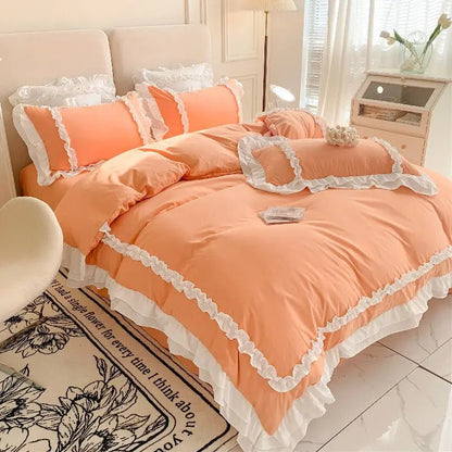 Elegant Lace Bedding Sets Luxury Bed Linen Princess Washed Cotton Ruffle Duvet Cover Bed Sheet and Pillowcases for Girl Luxury - Jaazi International