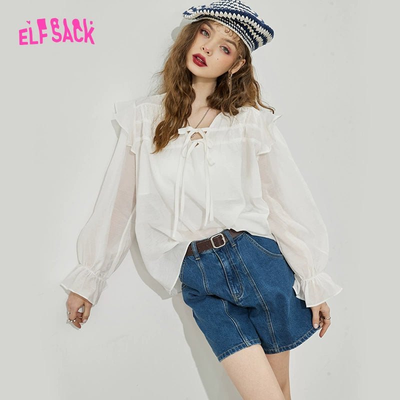 Elf Sack Palace Style V - neck Long Sleeves Chiffon Shirt - Jaazi International