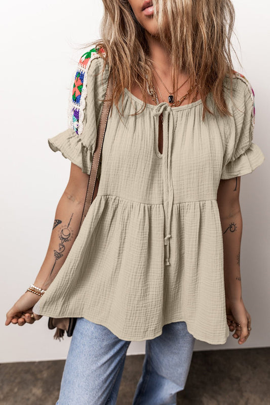 Embroidered Tie Neck Short Sleeve Blouse - Jaazi International