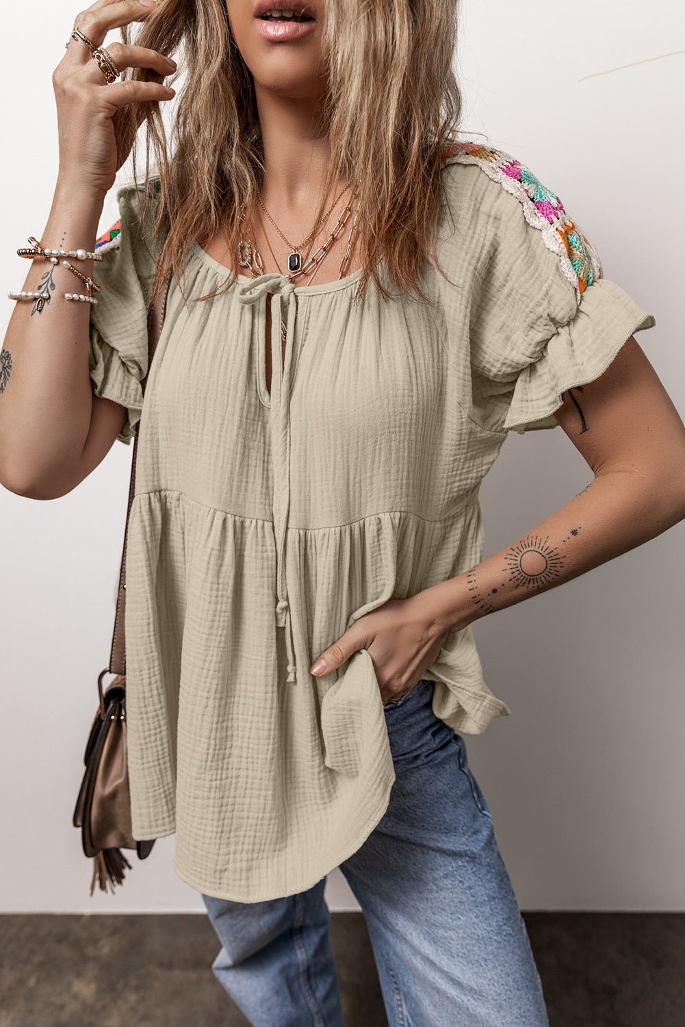 Embroidered Tie Neck Short Sleeve Blouse - Jaazi International