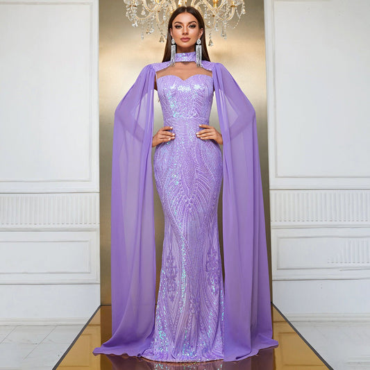 European And American Evening Dress, Sequined Halterneck Raglan Sleeve Party Dress, Fishtail Long Dress, Elegant Dress - MGT790 - Jaazi International