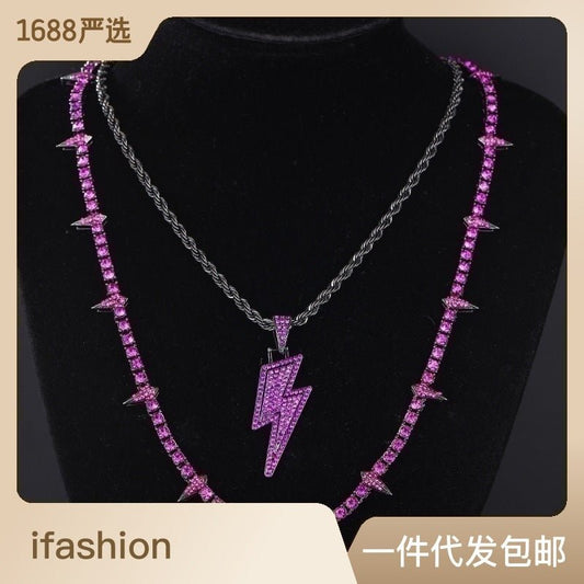 European And American Hip Hop Black Panther Necklace Stacked Dark Style High - Quality Alloy Diamond Lightning Pendant Set - Jaazi International