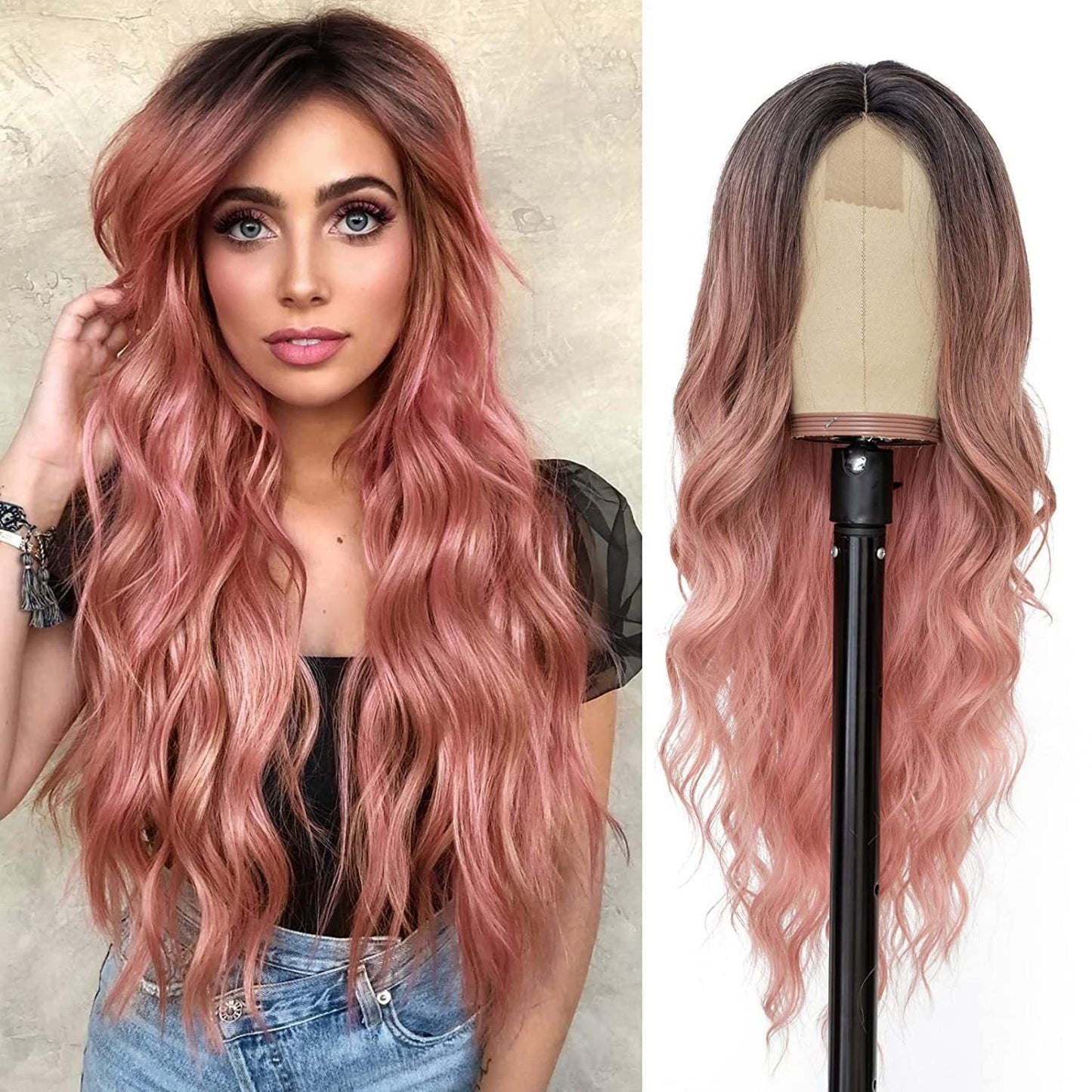 European and American Small Lace Wig Headsets with Intermediate Color Small Lace Center Split Large Wavy Long Curly Wigs - Jaazi International