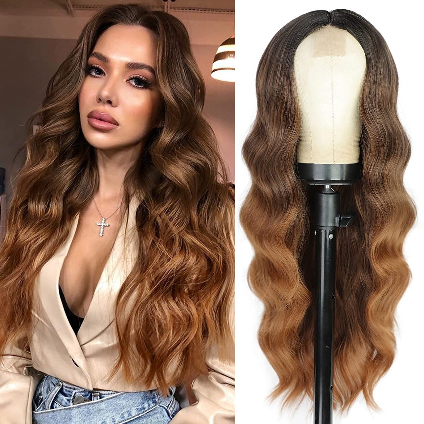 European and American Small Lace Wig Headsets with Intermediate Color Small Lace Center Split Large Wavy Long Curly Wigs - Jaazi International