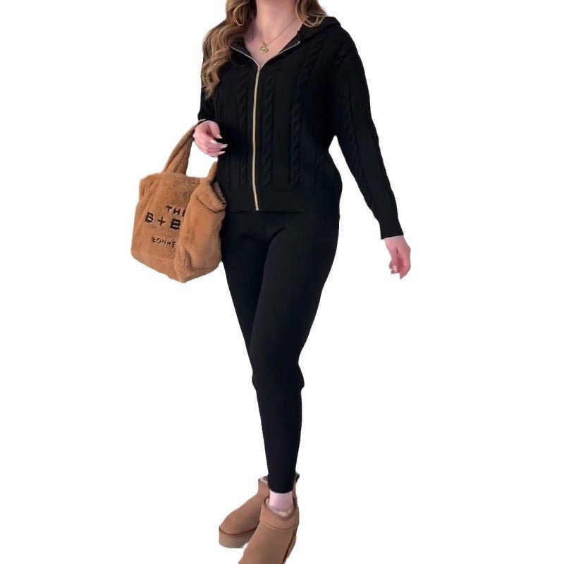 European And American Solid Color Thick Rope Twist Zipper Hooded Casual Sweater Suit - Jaazi International