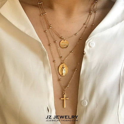 European and American - Style Retro Multi - Layer Cross Coin Women's Sweater Chain - Jaazi International