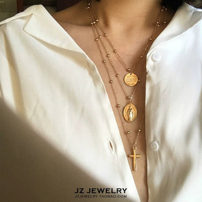 European and American - Style Retro Multi - Layer Cross Coin Women's Sweater Chain - Jaazi International