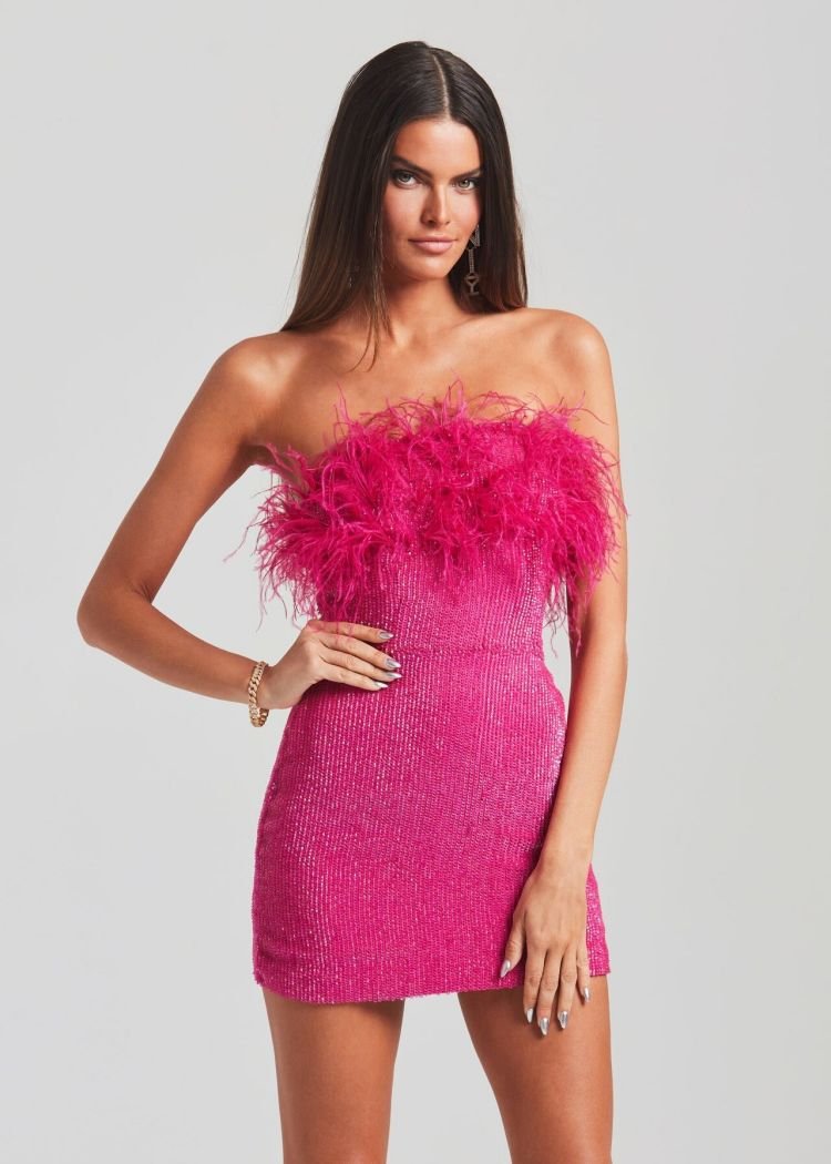 European And American Women&#039;s Sexy Backless Ostrich Hair Tassel Tube Dress High - end Elegant Sequin Hip Dress - Jaazi International