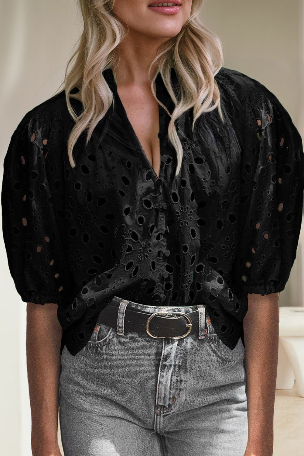 Eyelet Button Up Half Sleeve Blouse - Jaazi International