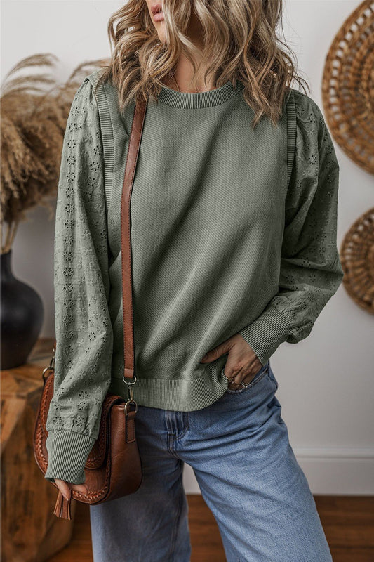 Eyelet Round Neck Long Sleeve Sweatshirt - Jaazi International