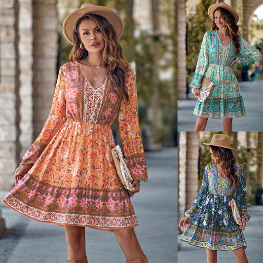 Printed V-neck Waist-controlled Long Sleeves Dress Women