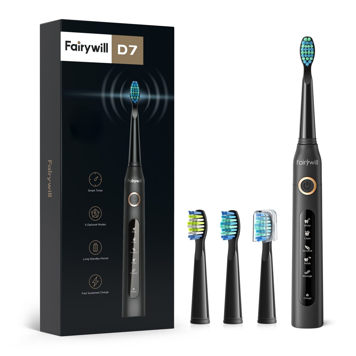 Fairywill Electric Sonic Toothbrush USB Charge FW - 507 Rechargeable Waterproof Electronic Tooth Brushes Replacement Heads Adult - Jaazi International