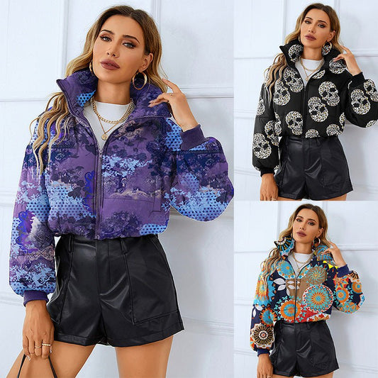 Fashion Bread Coat Women Print Stand Collar Short Coat Winter Jacket - Jaazi International