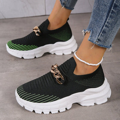 Fashion Chain Design Mesh Shoes For Women Breathable Casual Soft Sole Walking Sock Slip On Flat Shoes - Jaazi International