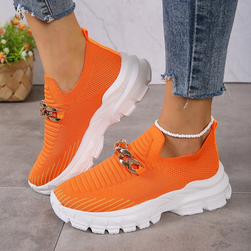 Fashion Chain Design Mesh Shoes For Women Breathable Casual Soft Sole Walking Sock Slip On Flat Shoes - Jaazi International