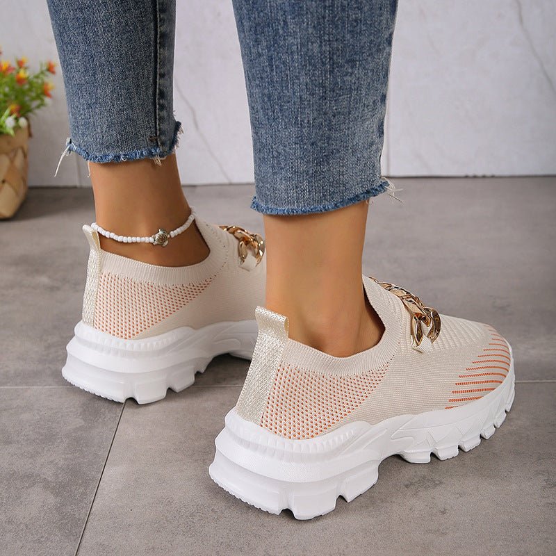 Fashion Chain Design Mesh Shoes For Women Breathable Casual Soft Sole Walking Sock Slip On Flat Shoes - Jaazi International