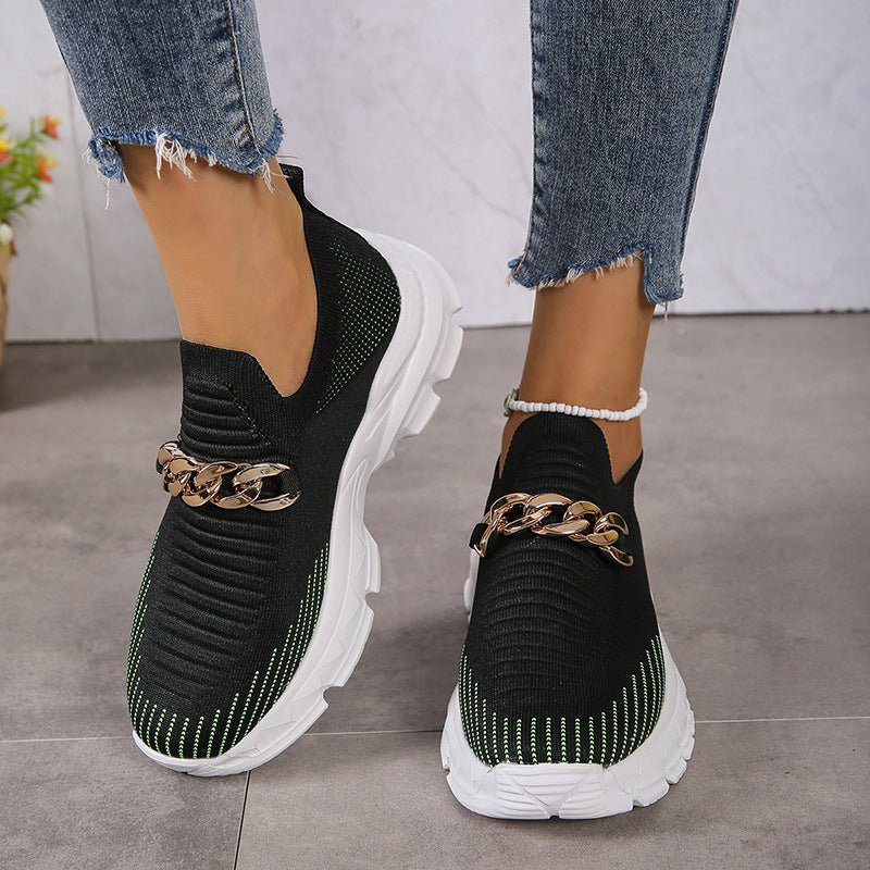 Fashion Chain Design Mesh Shoes For Women Breathable Casual Soft Sole Walking Sock Slip On Flat Shoes - Jaazi International