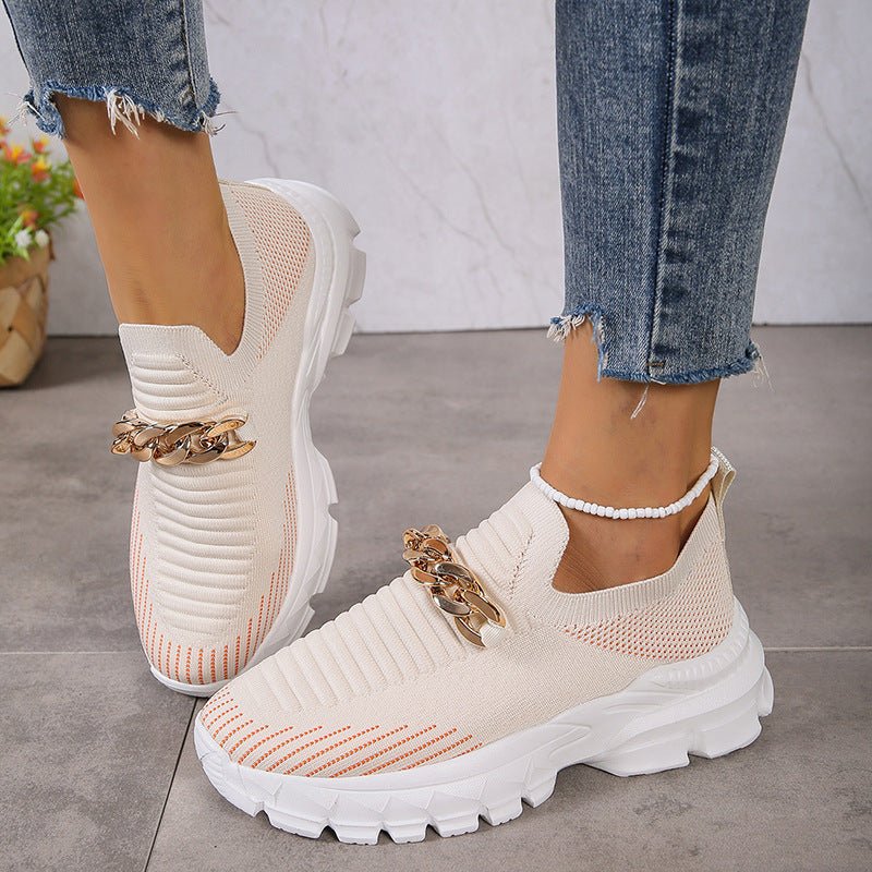 Fashion Chain Design Mesh Shoes For Women Breathable Casual Soft Sole Walking Sock Slip On Flat Shoes - Jaazi International