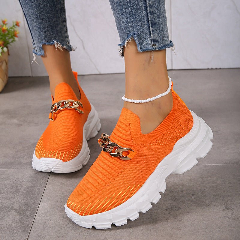 Fashion Chain Design Mesh Shoes For Women Breathable Casual Soft Sole Walking Sock Slip On Flat Shoes - Jaazi International