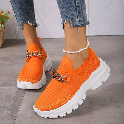 Fashion Chain Design Mesh Shoes For Women Breathable Casual Soft Sole Walking Sock Slip On Flat Shoes - Jaazi International