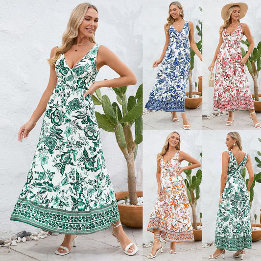 Fashion Floral Print V - neck Dress Summer Sexy Slim Fit Sleeveless Long Dress - Jaazi International