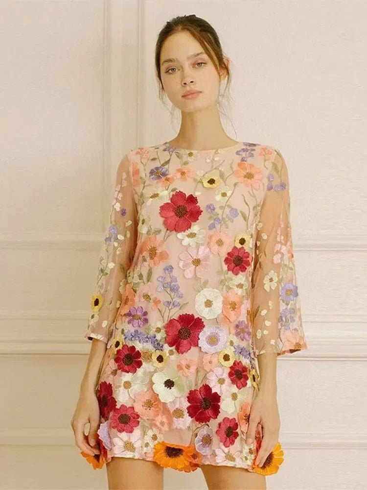 Fashion Flower Printed Embroidered Long Dress Women Elegant O - neck Long Sleeve Lace Slim Dresses 2024 Spring Female Party Robes - Jaazi International