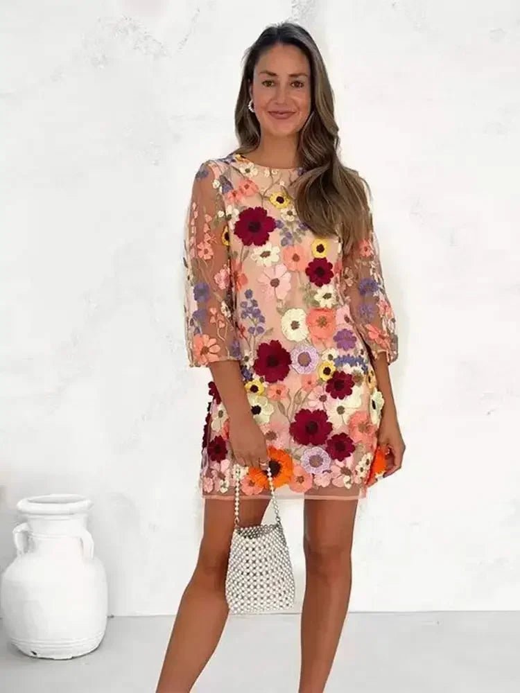 Fashion Flower Printed Embroidered Long Dress Women Elegant O - neck Long Sleeve Lace Slim Dresses 2024 Spring Female Party Robes - Jaazi International