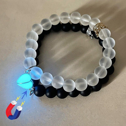 Fashion Jewelry 2pcs Handmade Crown Beaded Charms Bracelet Luminou Heart Glow In The Dark Couple Bracelet For Lover Men Women Fluorescent Gift - Jaazi International