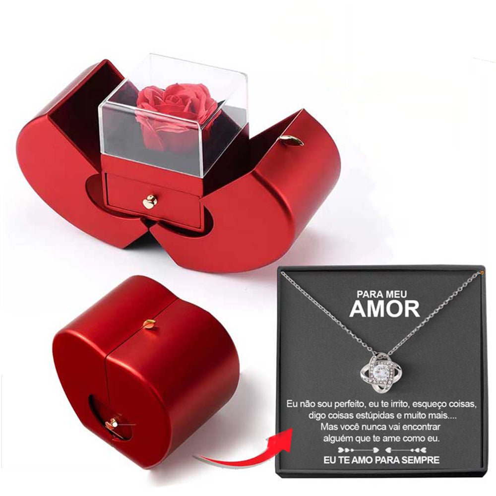 Fashion Jewelry Box Red Apple Christmas Gift Necklace Eternal Rose For Girl Mother's Day Valentine's Day Gifts With Artificial Flower Rose Flower Jewelry Box - Jaazi International