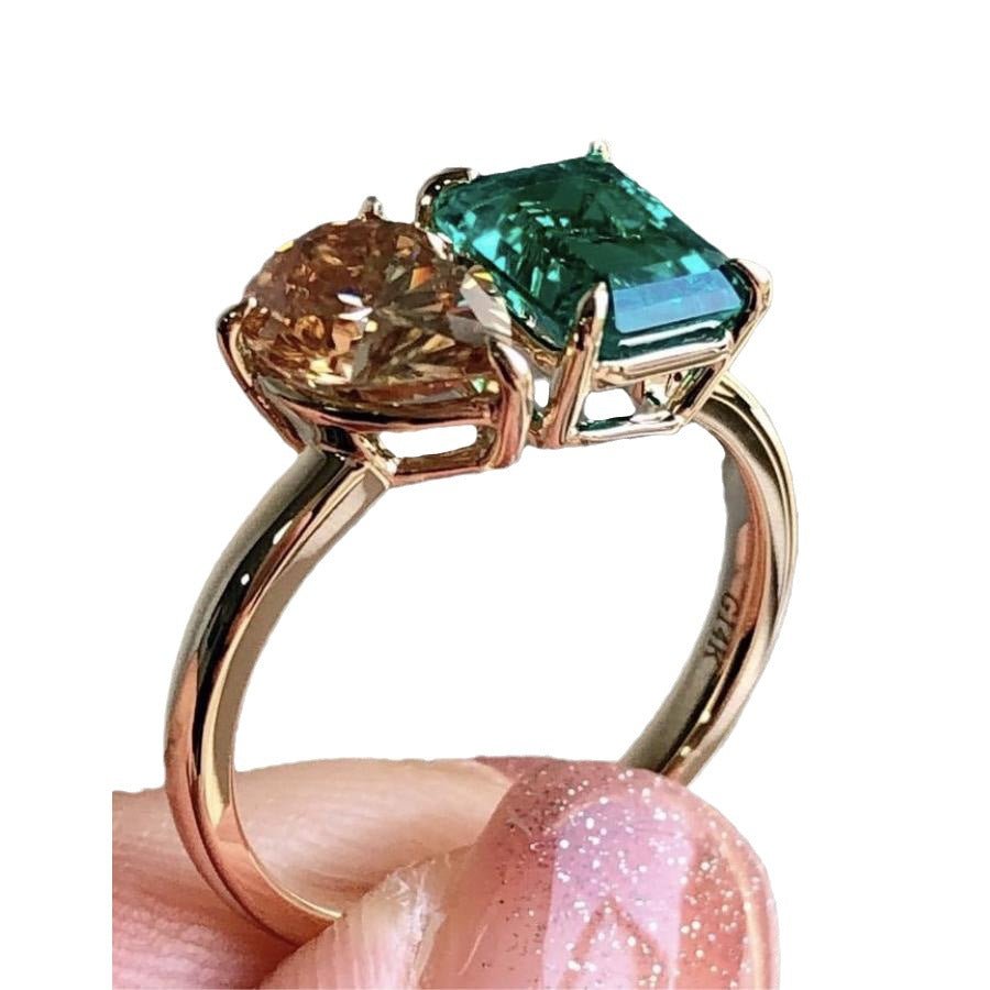 Fashion Jewelry Creative Double Main Stone Lady Green Yellow Zircon Square Stone Ring Female Luxury Crystal Engagement Ring Classic Gold Color Wedding Rings For Women Minimalist Bands - Jaazi International