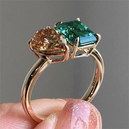 Fashion Jewelry Creative Double Main Stone Lady Green Yellow Zircon Square Stone Ring Female Luxury Crystal Engagement Ring Classic Gold Color Wedding Rings For Women Minimalist Bands - Jaazi International