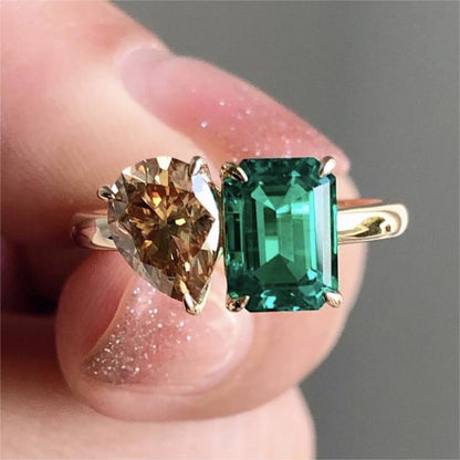 Fashion Jewelry Creative Double Main Stone Lady Green Yellow Zircon Square Stone Ring Female Luxury Crystal Engagement Ring Classic Gold Color Wedding Rings For Women Minimalist Bands - Jaazi International