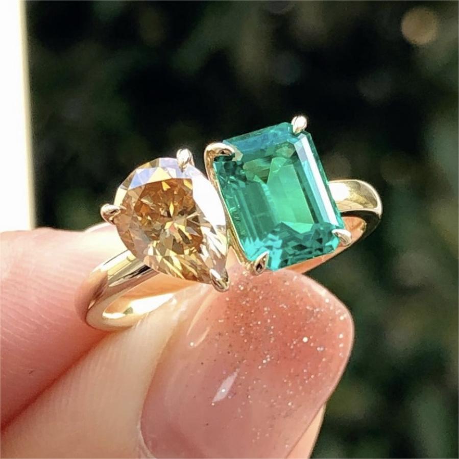 Fashion Jewelry Creative Double Main Stone Lady Green Yellow Zircon Square Stone Ring Female Luxury Crystal Engagement Ring Classic Gold Color Wedding Rings For Women Minimalist Bands - Jaazi International