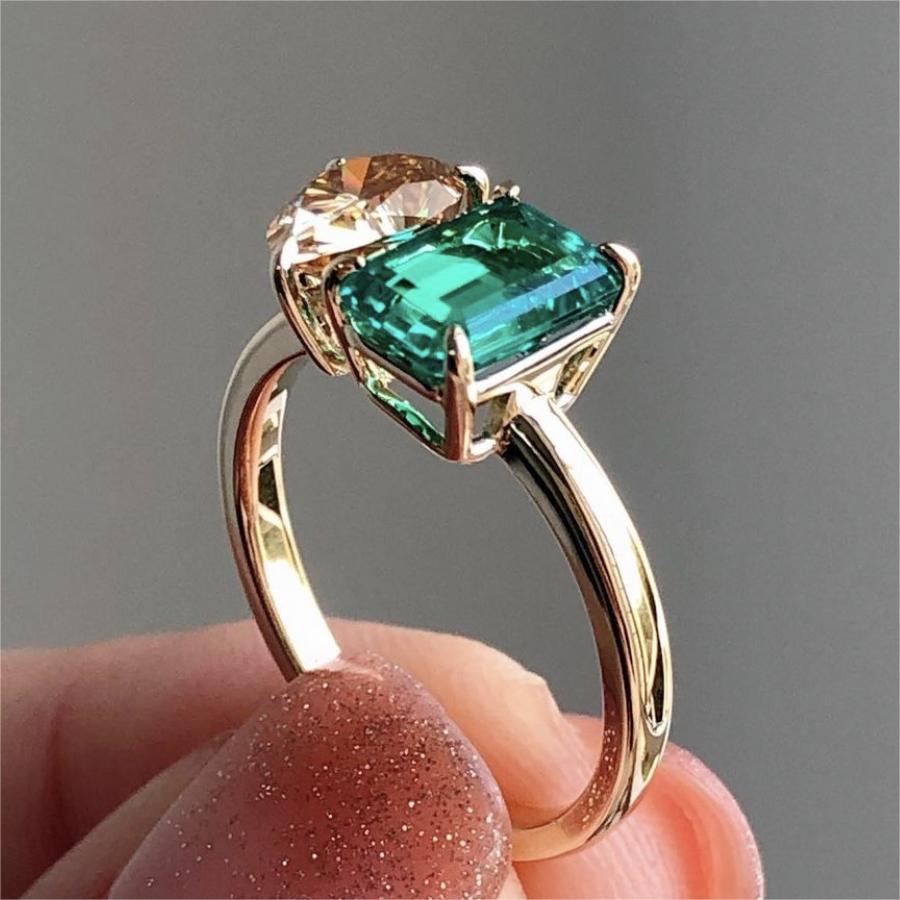 Fashion Jewelry Creative Double Main Stone Lady Green Yellow Zircon Square Stone Ring Female Luxury Crystal Engagement Ring Classic Gold Color Wedding Rings For Women Minimalist Bands - Jaazi International