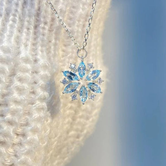 Fashion Jewelry Rhinestone Sky Blue Snowflake Pendant Women's Full Diamond Necklace - Jaazi International