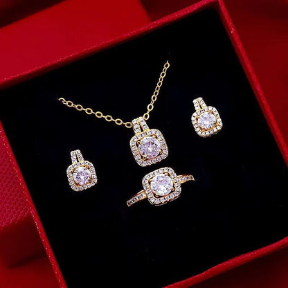 Fashion Jewelry Set Zircon Gem Pendant Chain Choker Necklace For Women Gold Color Stud Earring Statement Wedding Ring - Jaazi International