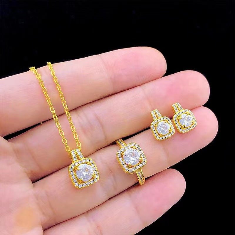 Fashion Jewelry Set Zircon Gem Pendant Chain Choker Necklace For Women Gold Color Stud Earring Statement Wedding Ring - Jaazi International