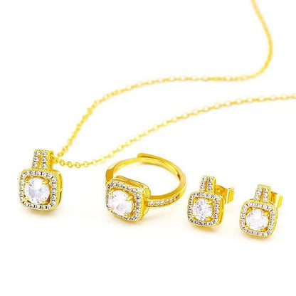 Fashion Jewelry Set Zircon Gem Pendant Chain Choker Necklace For Women Gold Color Stud Earring Statement Wedding Ring - Jaazi International