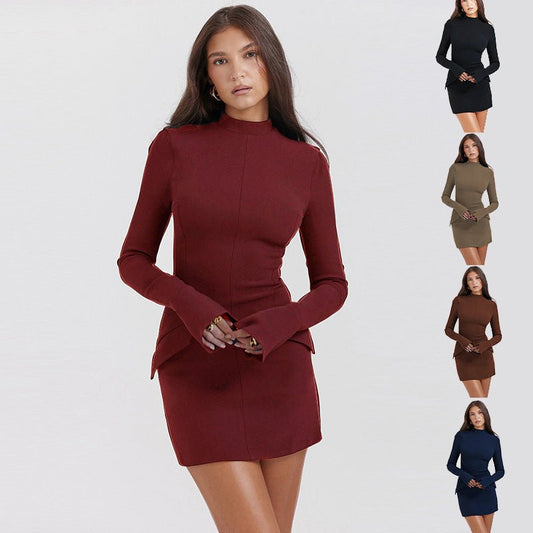 Fashion Long Sleeve Dress With Two Pockets Slim Bodycon Hip Short Dress For Women - Jaazi International