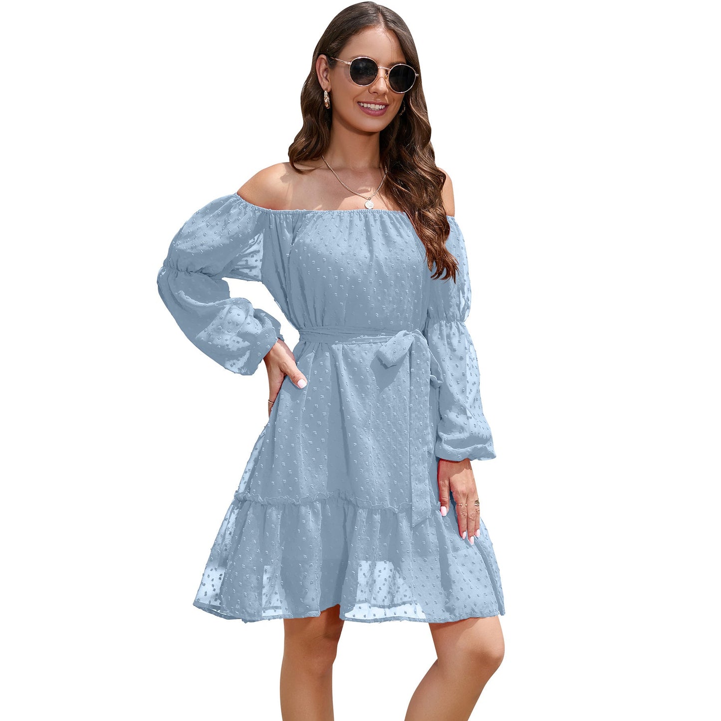 Fashion One - shoulder Long Sleeve Dress For Women Tie Waist Off - shoulder Bubble Dot Ruffle Design Chiffon Dress - Jaazi International