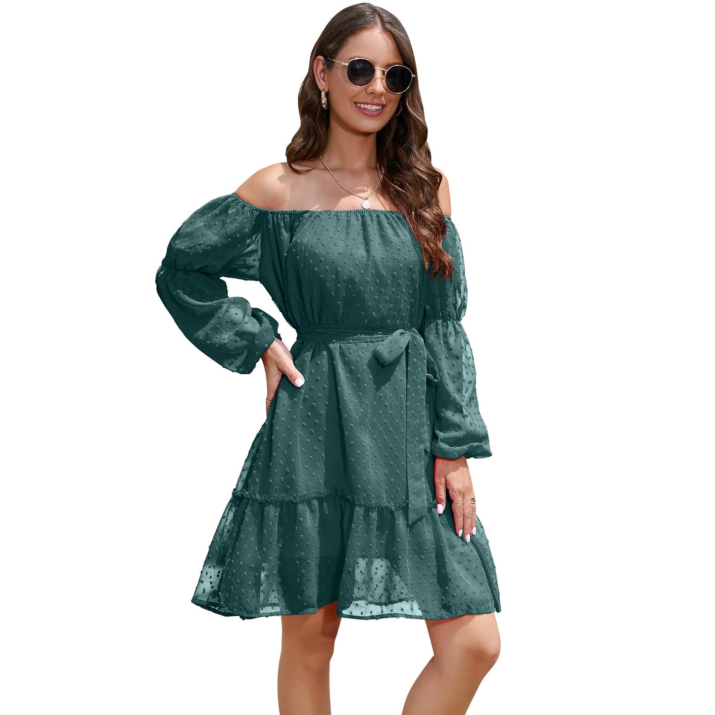 Fashion One - shoulder Long Sleeve Dress For Women Tie Waist Off - shoulder Bubble Dot Ruffle Design Chiffon Dress - Jaazi International