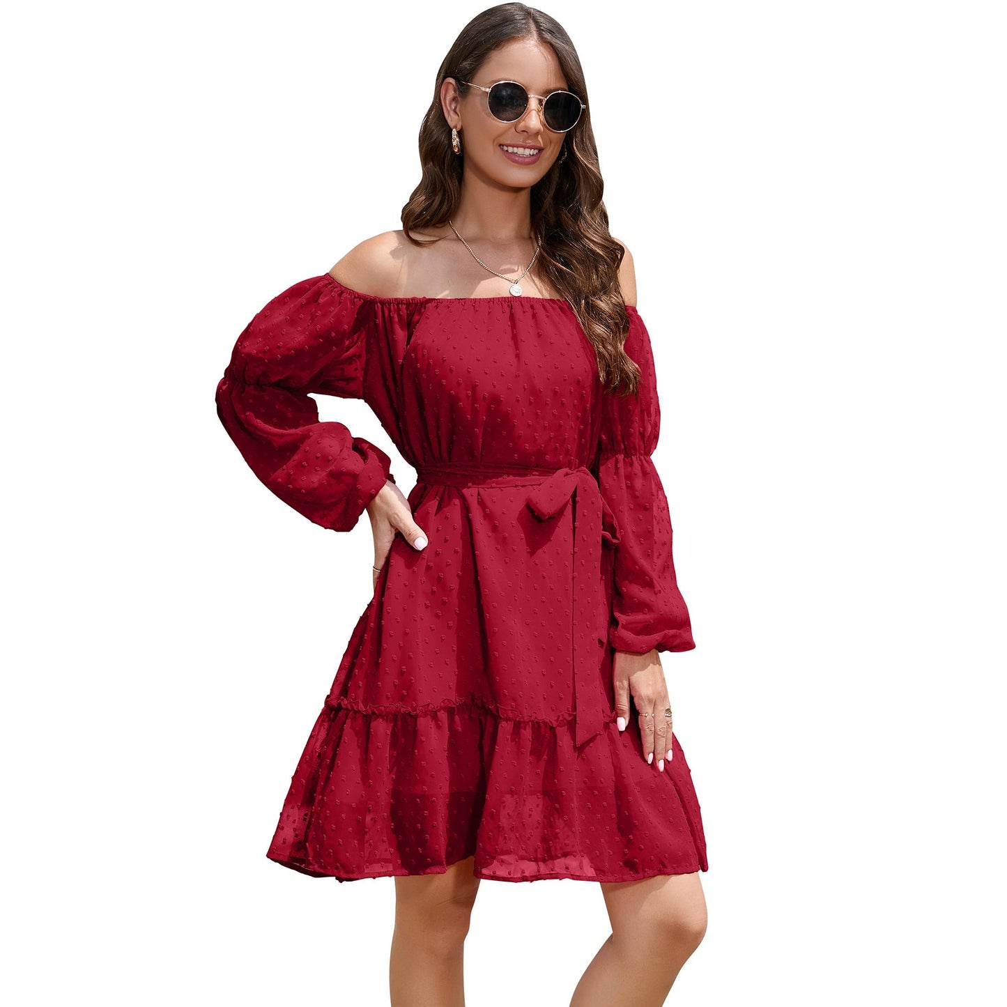 Fashion One - shoulder Long Sleeve Dress For Women Tie Waist Off - shoulder Bubble Dot Ruffle Design Chiffon Dress - Jaazi International