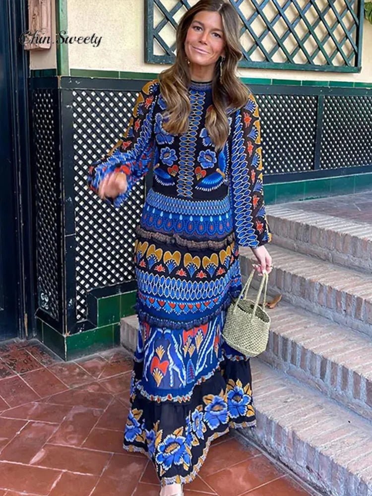 Fashion Print Patchwork Women Party Dress Elegant Lantern Sleeve Stand Collar Female Dresses 2024 Spring Summer Empire Lady Robe - Jaazi International