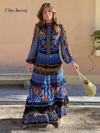 Fashion Print Patchwork Women Party Dress Elegant Lantern Sleeve Stand Collar Female Dresses 2024 Spring Summer Empire Lady Robe - Jaazi International